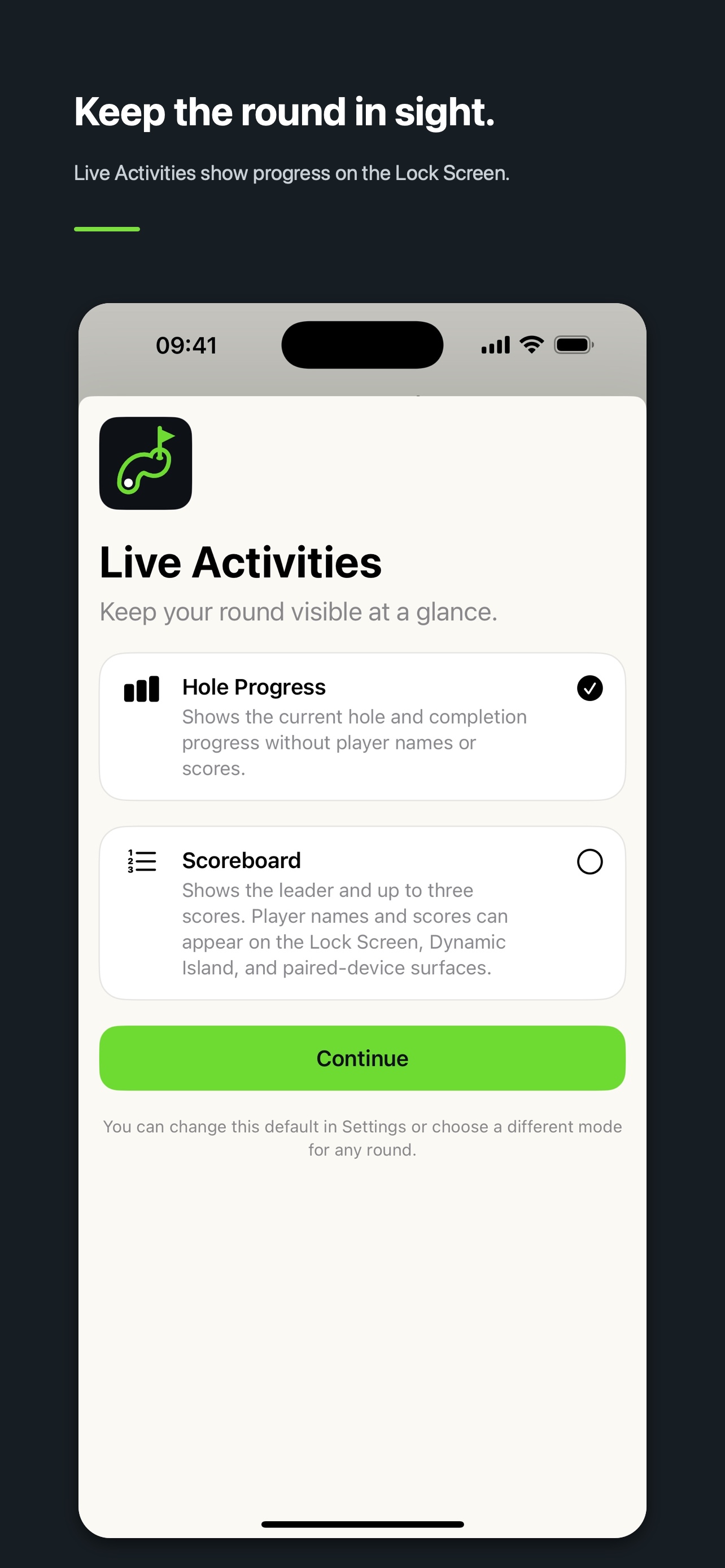 PuttButler Live Activities options for showing hole progress or the scoreboard.
