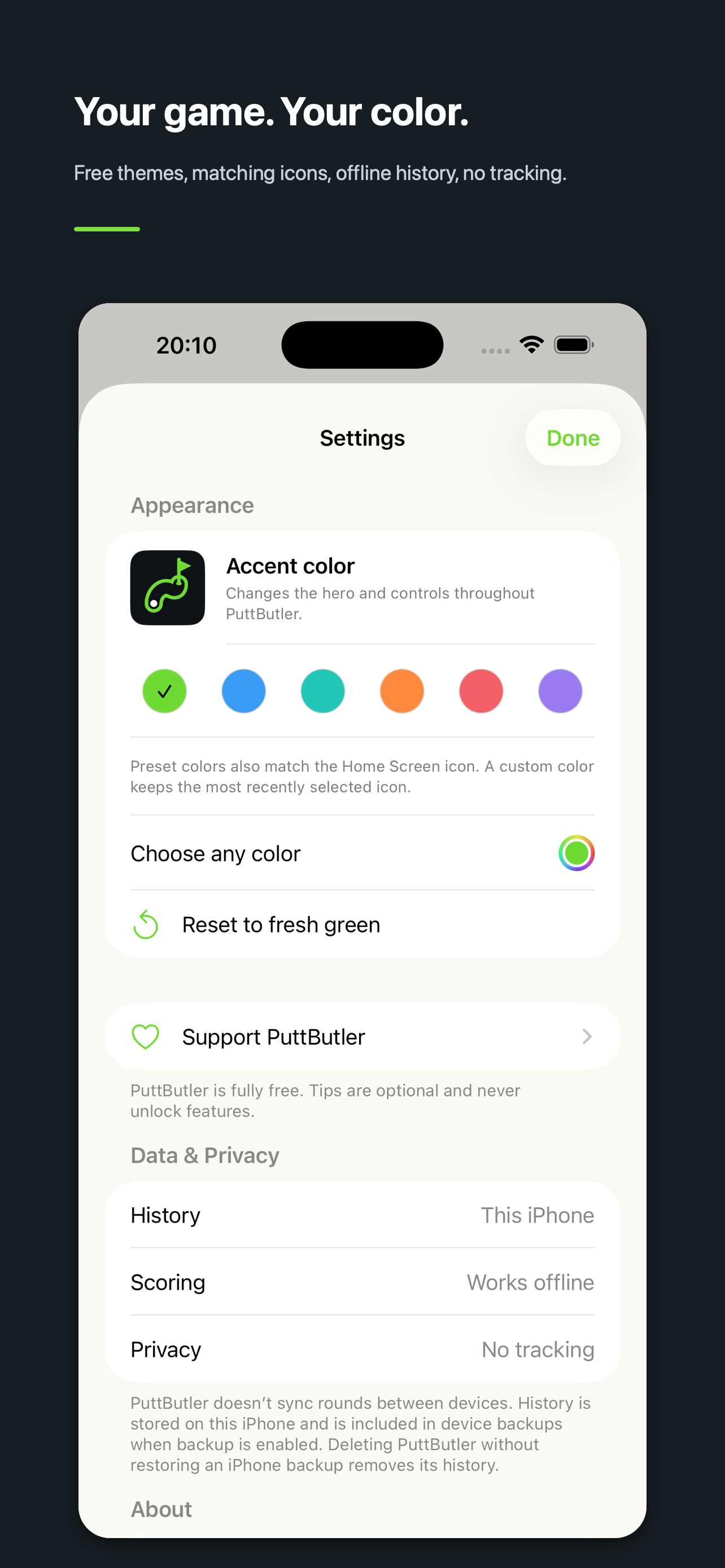 PuttButler settings showing accent color choices, optional tips, local history, and no tracking.